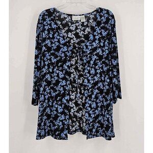 Jaclyn Smith Lightweight Stretch Blue Floral Tie Neck Open Front Cardigan Top 1X